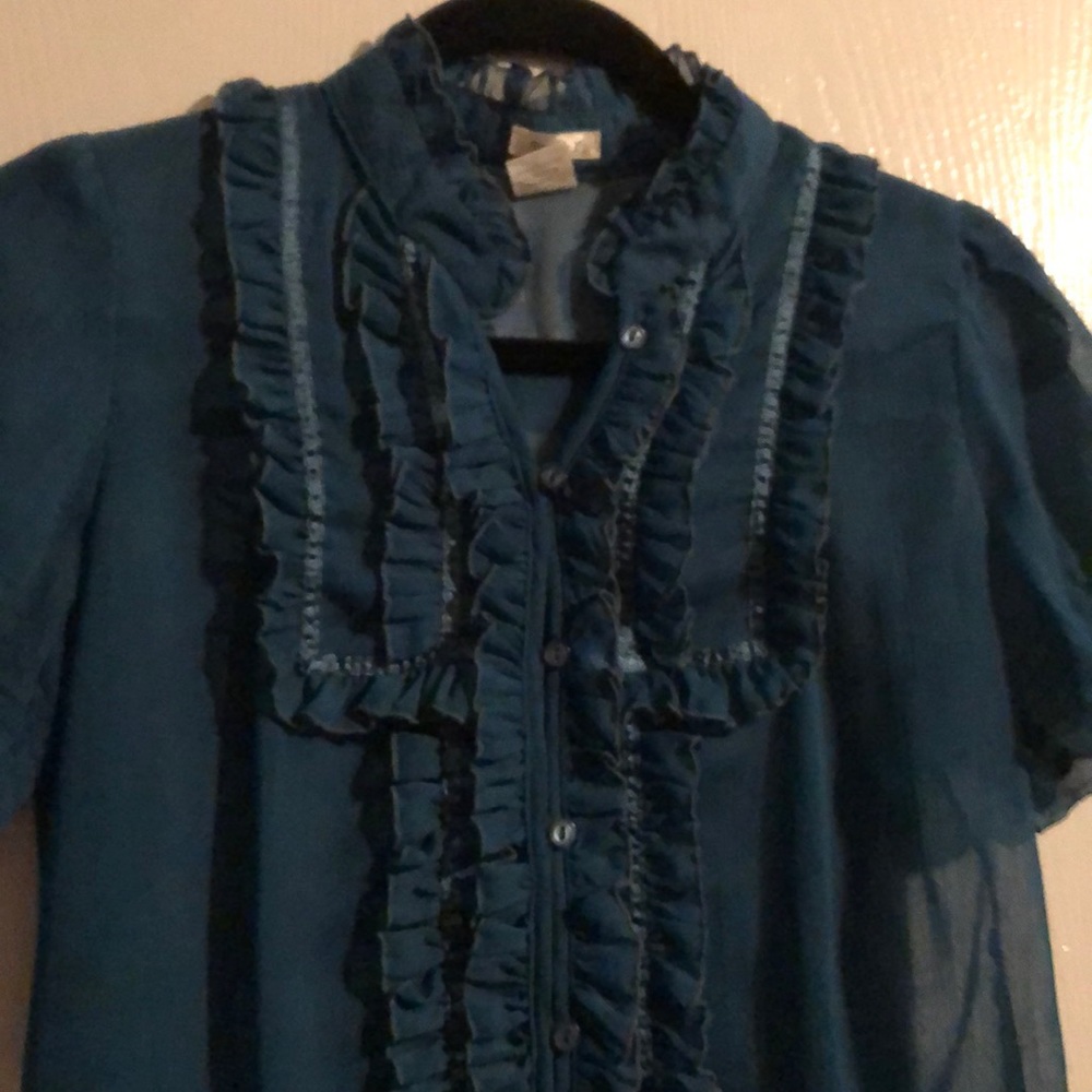 Dark Turquoise Sheer Ruffle Blouse - Picture 2 of 3